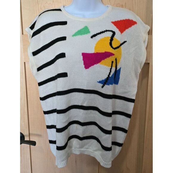 Vintage 80s Sleeveless Knit Top With Bold Geometric Design & Stripes Womens L - Picture 1 of 11